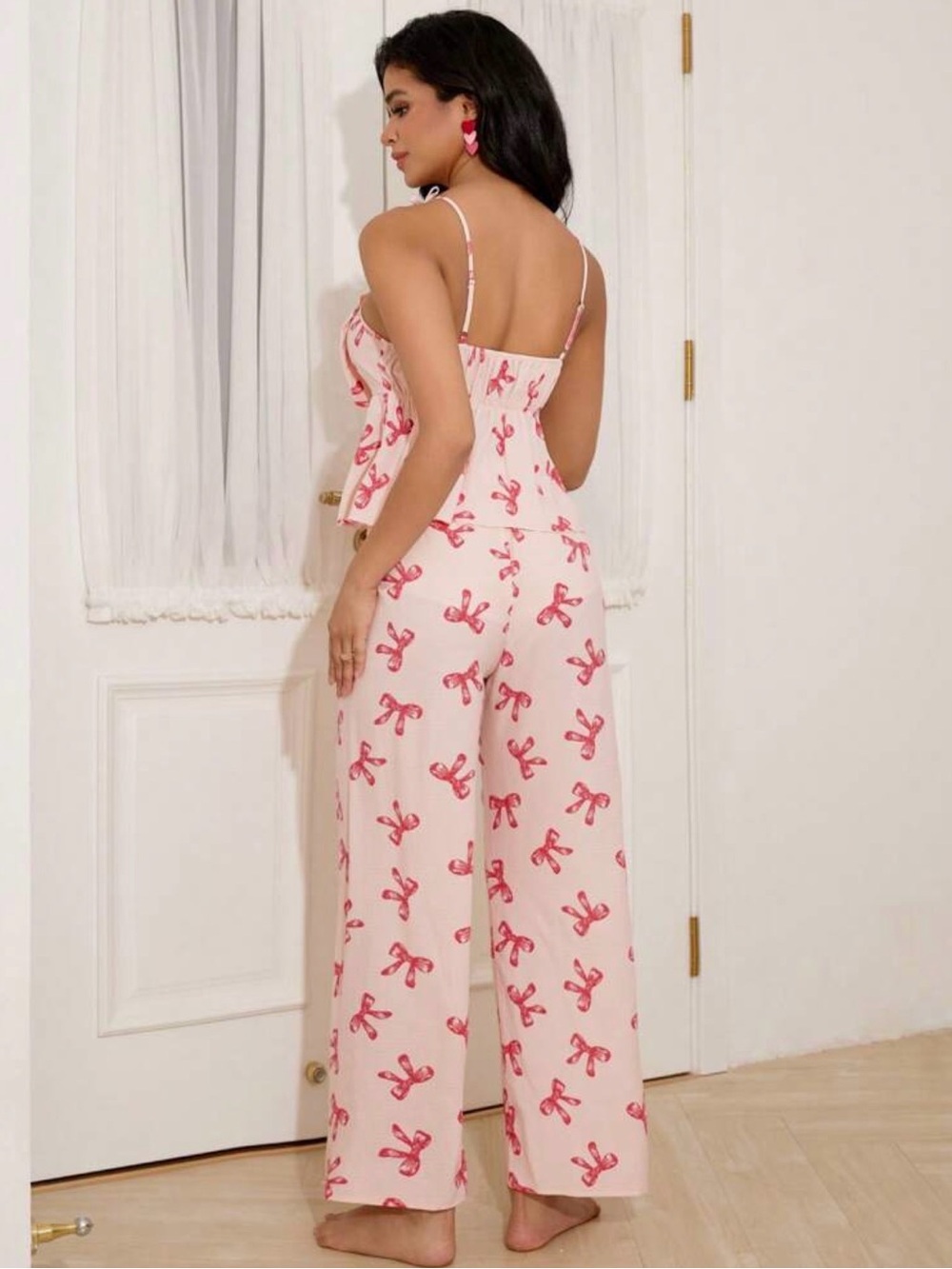 SHEIN Pink Bow-Print Tie-Strap Camisole & Pajama Set - Picture 2 of 4